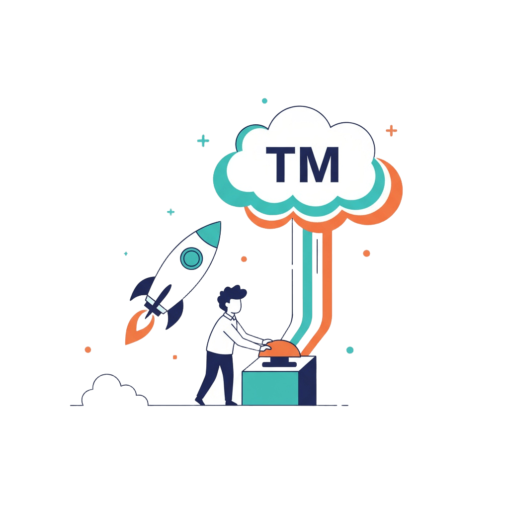 Illustration showing online trademark registration process in India — person launching trademark (TM) with Intepat IP