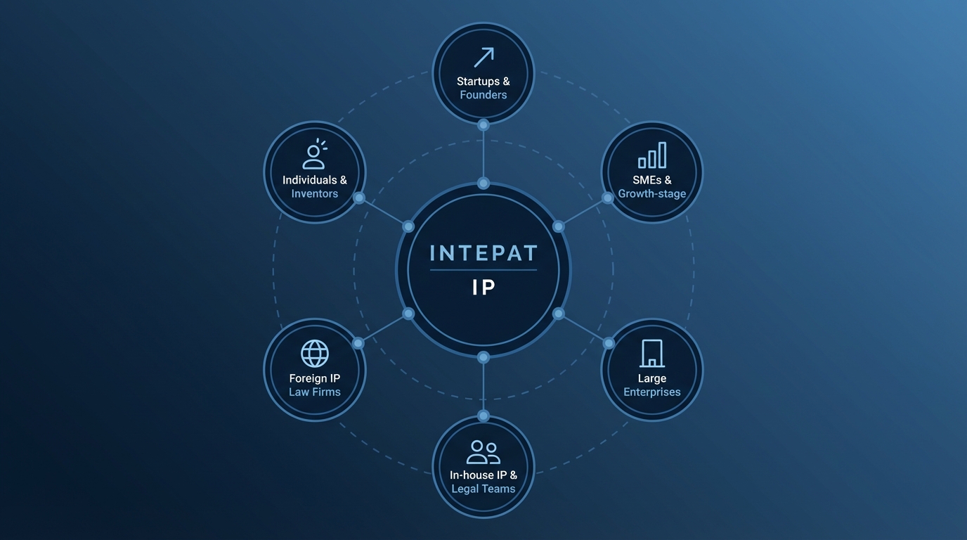 Illustration depicting trusted partnerships with businesses and innovators in intellectual property services.