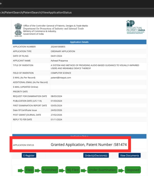 Screenshot of the Indian Patent Office InPASS Application Status page showing granted application details, including patent number 581474 and prosecution timeline.